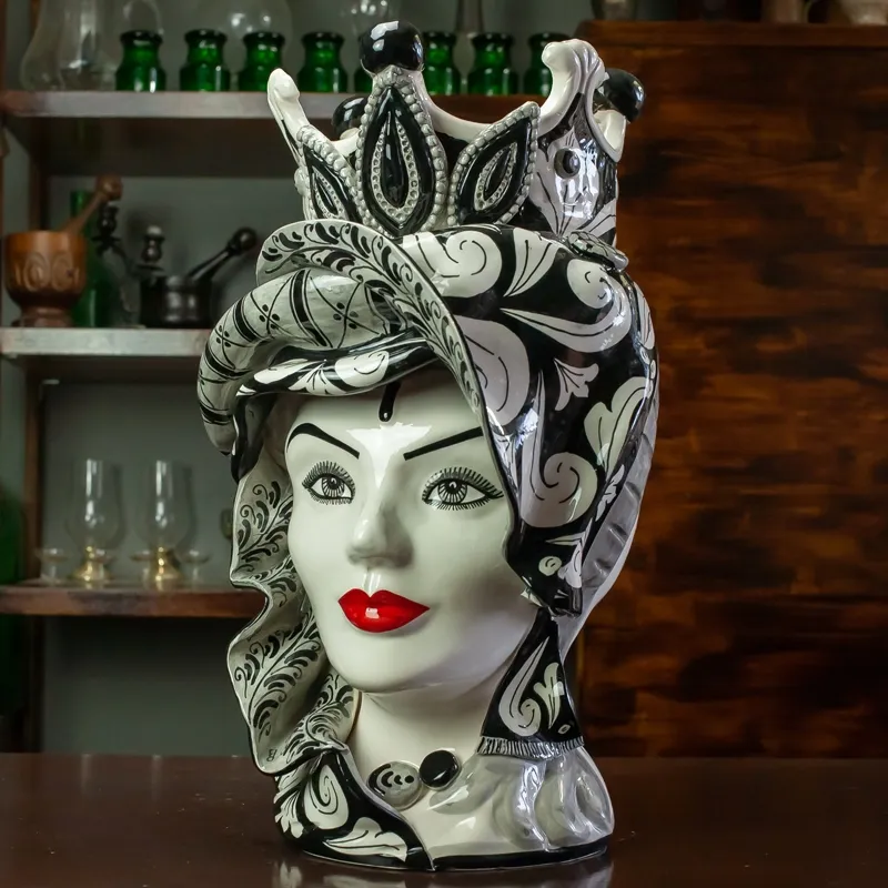 Testa di moro in ceramica Siciliana di Caltagirone "Concordia" Decoro Nero Donna-Uomo H. 48 cm