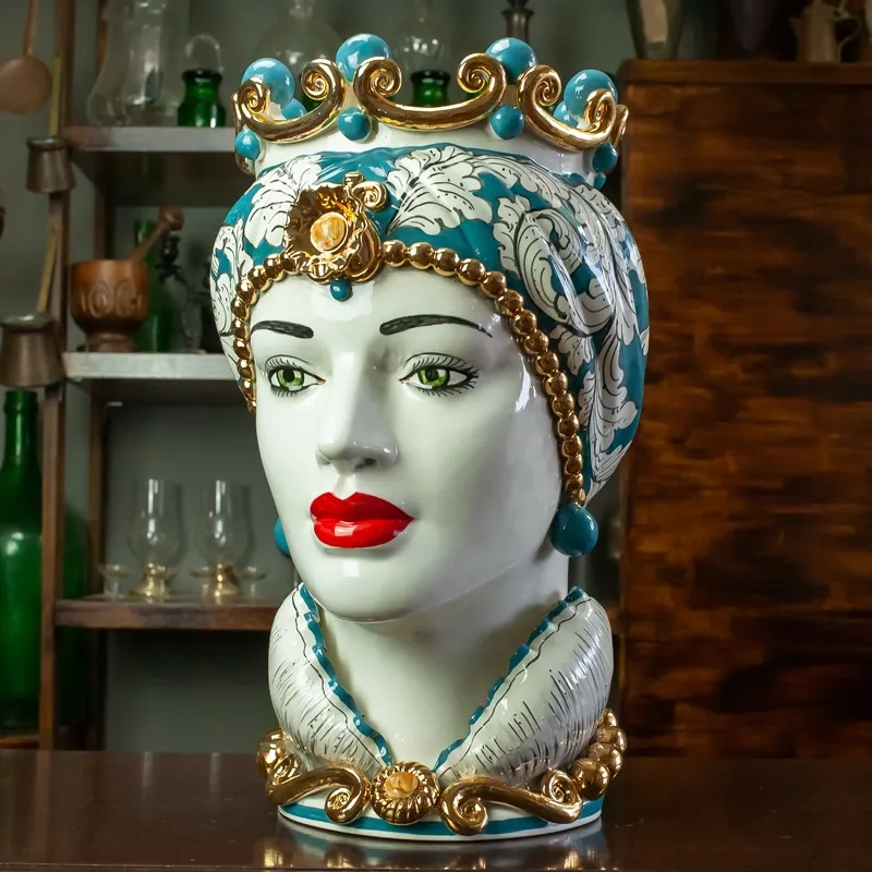 Testa di Moro in ceramica siciliana di Caltagirone Donna-Uomo Luxury Ottanio cm 50