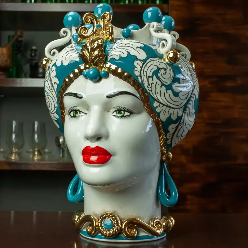 Teste di Moro in ceramica siciliana Caltagirone Donna Uomo Luxury Ottanio cm 40