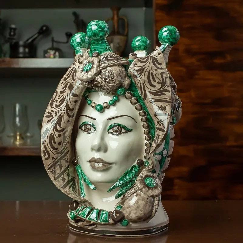 Teste di Moro in Ceramica siciliana di Caltagirone Donna-Uomo Ornato verde 33 cm