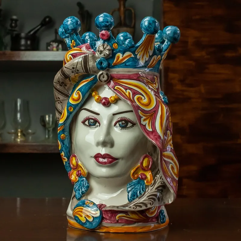 Teste di Moro in Ceramica siciliana di Caltagirone Donna-Uomo Decoro Palermo 33 cm
