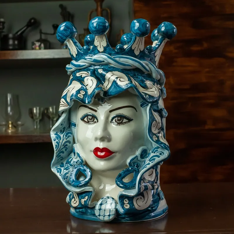 Teste di Moro siciliane in Ceramica di Caltagirone Donna Blu Sicilia 33 cm
