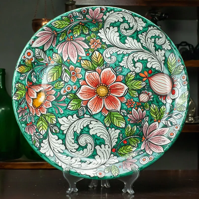 Piatto Ceramica Siciliana Floreale Verde 44 cm
