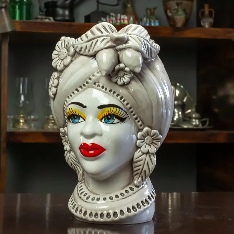 Teste di Moro Siciliane in Ceramica Caltagirone Uomo-Donna Bianco Antico h. 27 cm