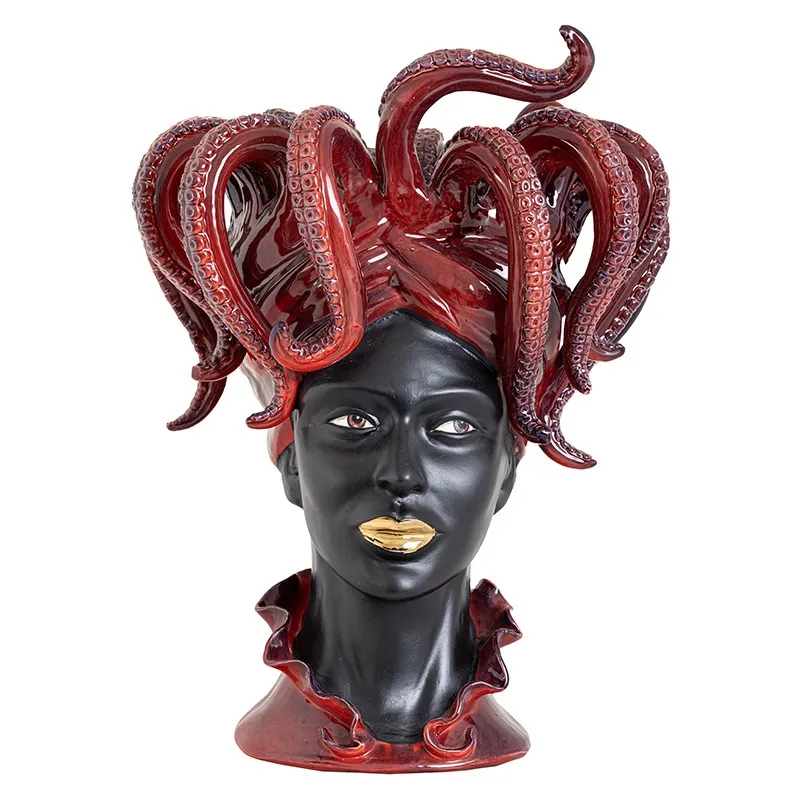Testa di moro Medusa in ceramica siciliana di Caltagirone " Cori Amenta " Bordeaux  H. 52 cm