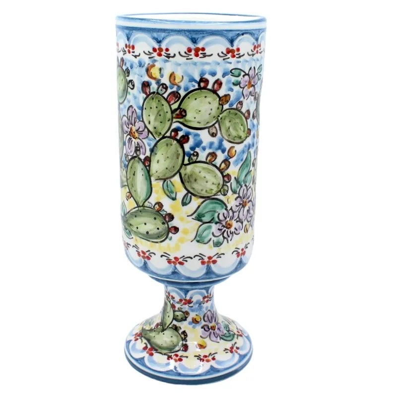 Portafiori Cilindro in Ceramica Siciliana Caltagirone Fichi d'india H. 32 cm