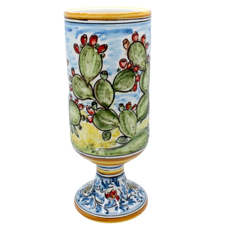 Portafiori Cilindro in Ceramica Siciliana Caltagirone Giallo Ocra Fichi d'india H. 32 cm