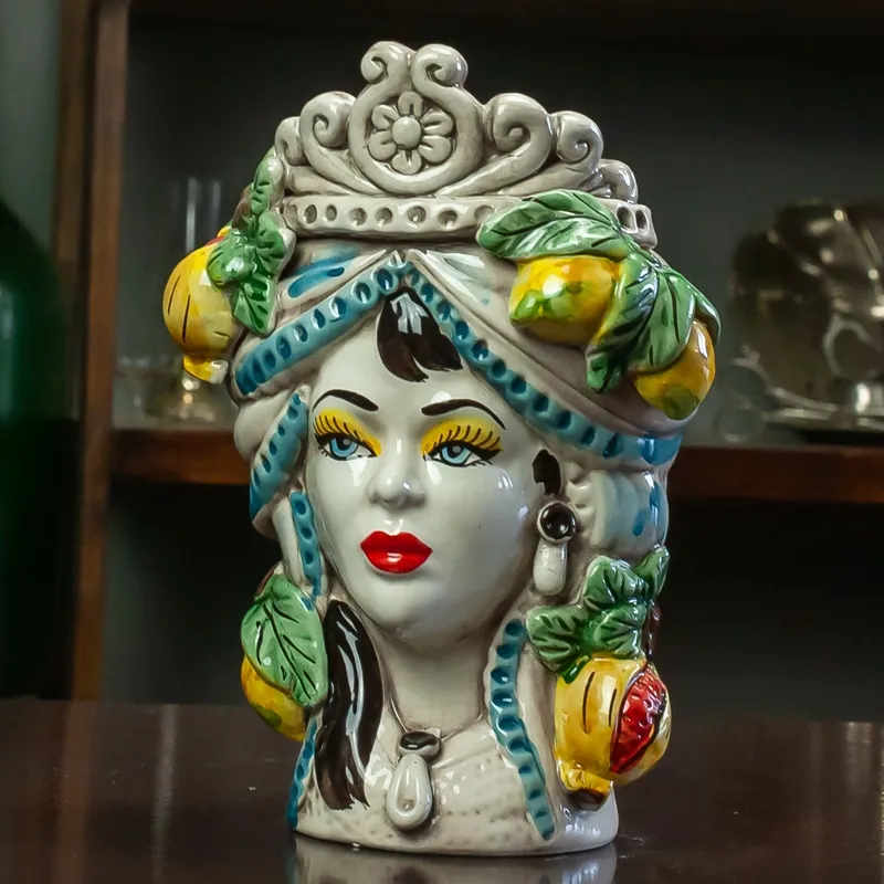 TESTE DI MORO IN CERAMICA SICILIANA DECORO FRUTTA H. 22 CM